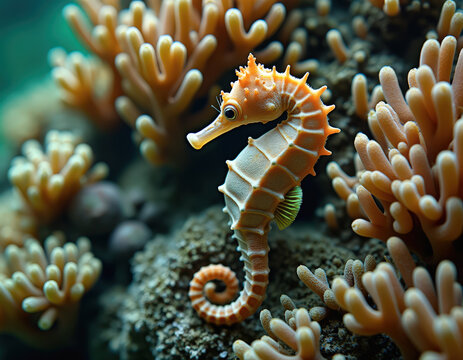 Caballito de mar naranja entre corales suaves en un arrecife tropical iluminado bajo el agua.