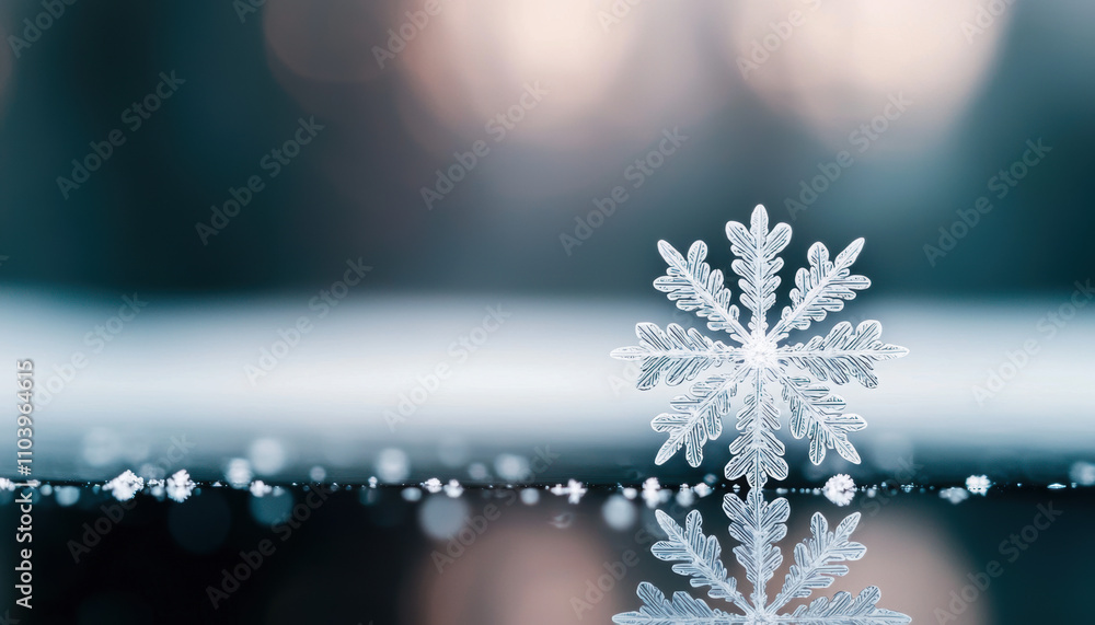 Aufkleber a delicate snowflake rests on a reflective surface, showcasing intricate patterns against a softly b