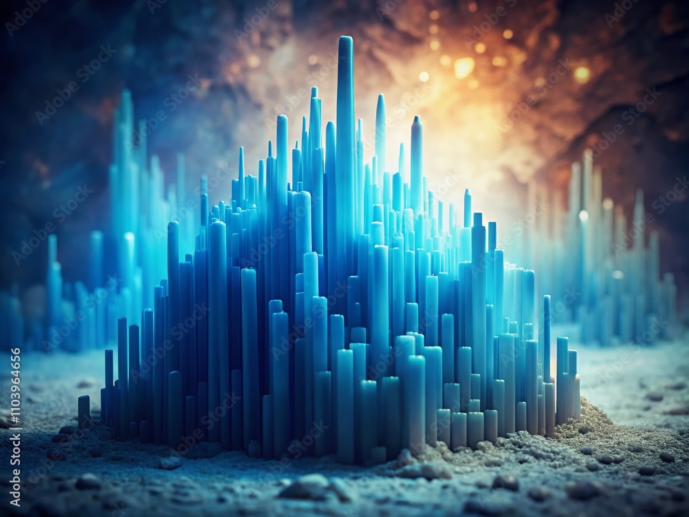 Poster vintage style photography of an abstract blue light with sharp piles of gradient shapes creating a d