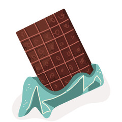 Turquoise wrapped chocolate bar isolated on white background, dessert, vector illustration in flat style. Hand drawn.