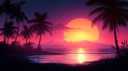 Fototapeta premium vibrant sunset over tranquil beach, with palm trees silhouetted against colorful sky. sun reflects on calm sea, creating serene atmosphere