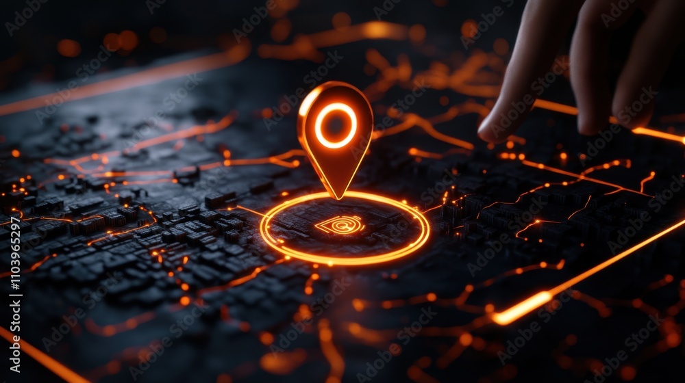 Poster glowing, illuminated location pin hovering over a city map with a circular highlight, suggesting a f