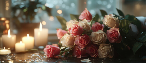 beautiful arrangement of pink and white roses surrounded by soft candlelight creates romantic and serene atmosphere. delicate petals glisten with moisture, enhancing bouquet charm