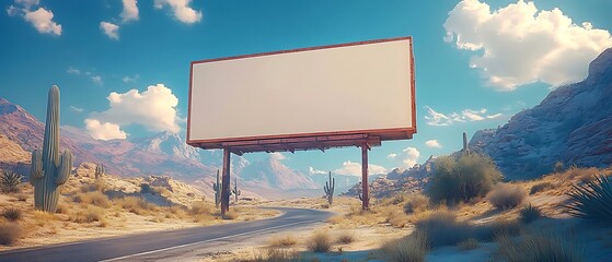 A white billboard on a desert road with cacti and sand dunes stretching into the distance