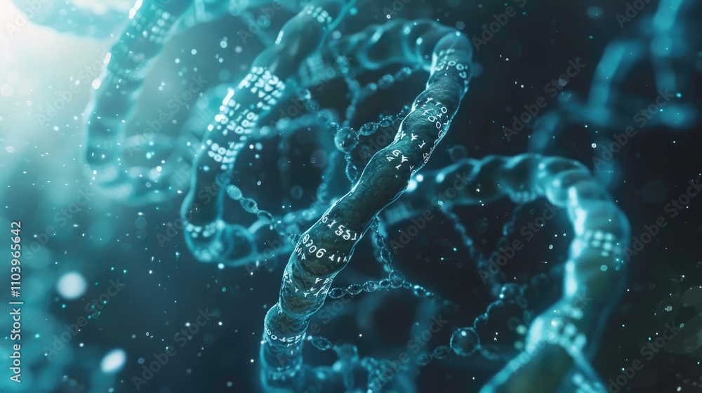 Poster a close-up depiction of a dna helix showcasing molecular structures and data representation.