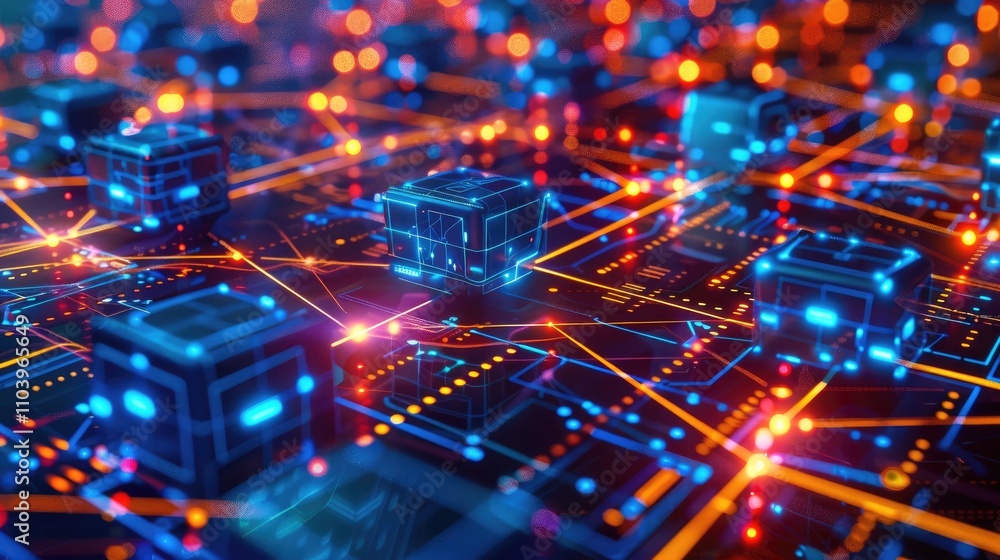 Poster a vibrant digital network with glowing circuits and interconnected blocks.
