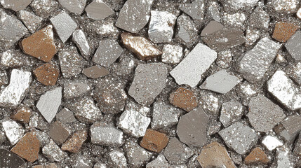 Shiny silver and gray glittering stones create bright, textured surface. sparkling fragments reflect light, adding dynamic and vibrant feel to composition