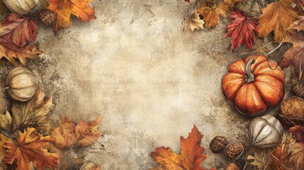 Fototapeta premium Autumn Leaves and Pumpkin - Fall Background Illustration