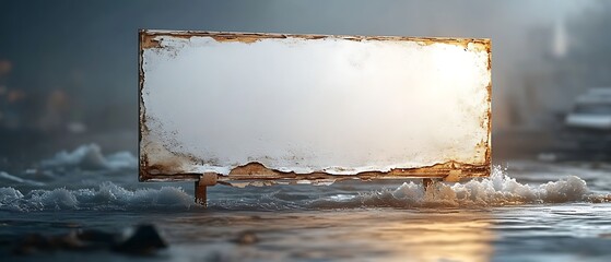 A white billboard on a sandy beach with ocean waves in the background and people relaxing nearby