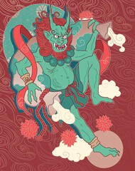 illustration Fūjin, god of wind in Japanese mythology, tattoo design	