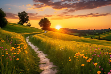 Serene sunset over a picturesque landscape. A winding path leads through a field of wildflowers, bathed in the warm golden light of the setting sun.