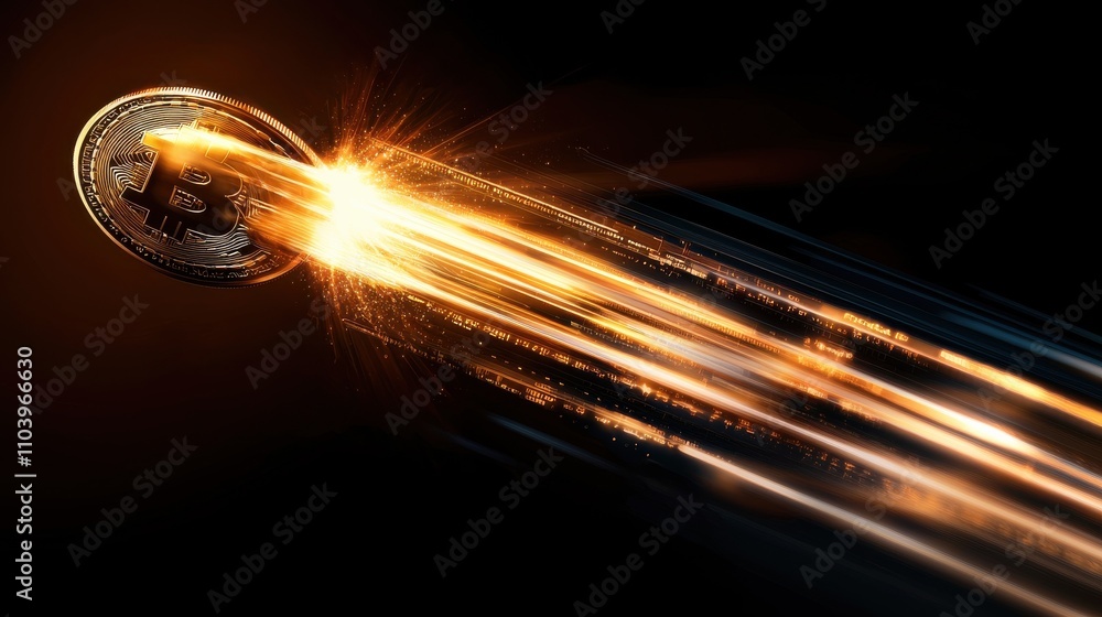 Poster cryptocurrency coin shooting through space digital realm graphic visualization abstract environment 