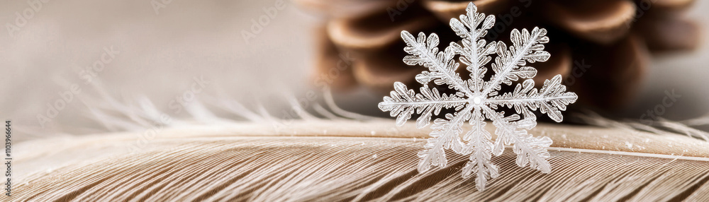 Poster a delicate snowflake rests atop a soft feather, accentuated by a pine cone in the background, creati