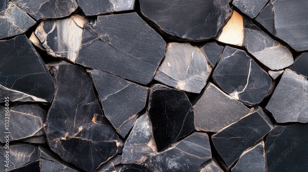 Poster close-up of a wall made of black stone tiles with various shapes and sizes, creating an interesting 