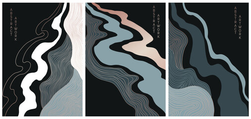 vector abstract japanese style landscapes lined waves in grey and gold colours	