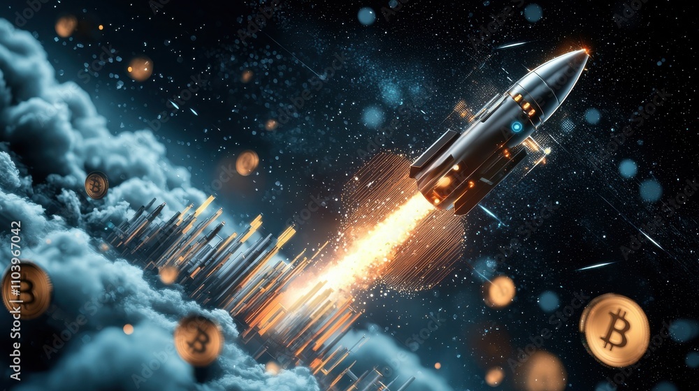 Poster rocket launching cryptocurrency innovation outer space digital art cosmic environment dynamic view f