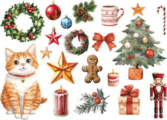 Christmas watercolor ornaments, winter holiday essentials,
Christmas tree decoration. Illustrations isolated on white