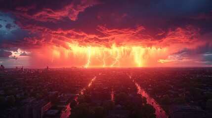 Dramatic lightning storm illuminates city skyline at sunset with intense clouds and rain