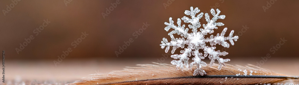 Poster a delicate snowflake rests on a wooden surface, showcasing intricate patterns and a serene winter vi