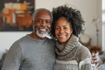 Fototapeta premium Portrait of a smiling afro-american couple in their 40s dressed in a warm wool sweater while standing against crisp minimalistic living room