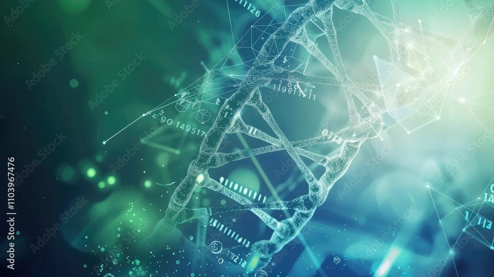 Poster abstract representation of dna structure with digital elements and glowing effects.
