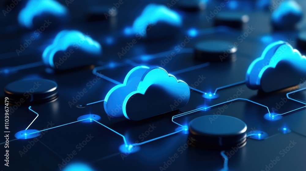 Poster network of interconnected cloud icons on a circuit board, representing the concept of cloud computin
