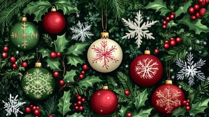 Christmas Ornament Decor: Festive Red & Green Baubles with Snowflake Designs