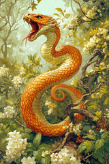 Fototapeta premium A striking illustration of a vibrant orange serpent coiled in a lush forest, its mouth open in a fierce display. Medium shot with intricate textures and vivid tones. 
