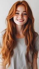 Naklejka premium Closeup of happy attractive young woman with long wavy red hair and freckles wears stylish t shirt looks happy and smiling isolated over white background