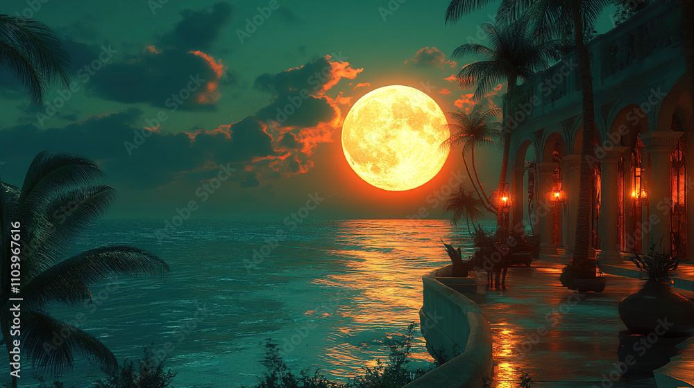 Poster Moonlit ocean view from a tropical resort with palm trees and glowing lanterns. Generative AI