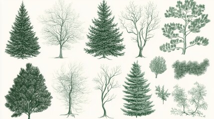 Obraz premium Collection of Evergreen and Conifer Trees: Botanical Illustrations