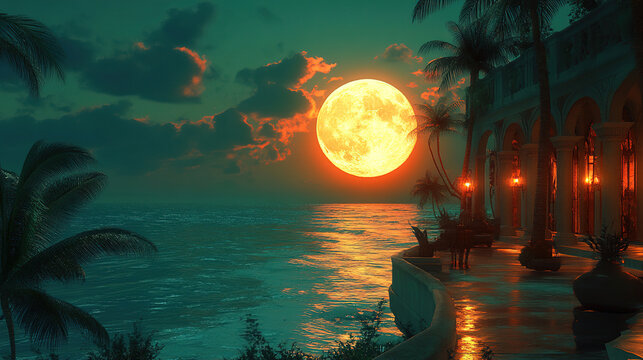 Moonlit ocean view from a tropical resort with palm trees and glowing lanterns. Generative AI - Powered by Adobe