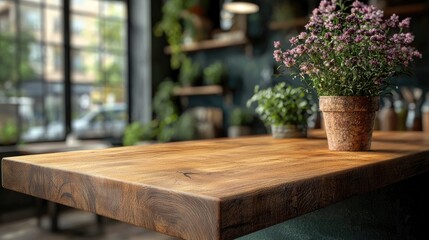Fototapeta premium Wooden table top on blur kitchen room background,Modern Contemporary green kitchen room interior