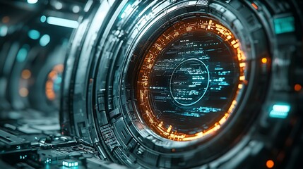 Fototapeta premium A futuristic art toy display featuring metallic and holographic designs, with a digital screen backdrop