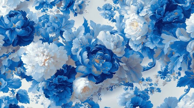 Delicate Blue Floral Elegance, a charming design featuring intricate blue flowers against a pristine white backdrop, embodying a timeless toile aesthetic for graceful decor.