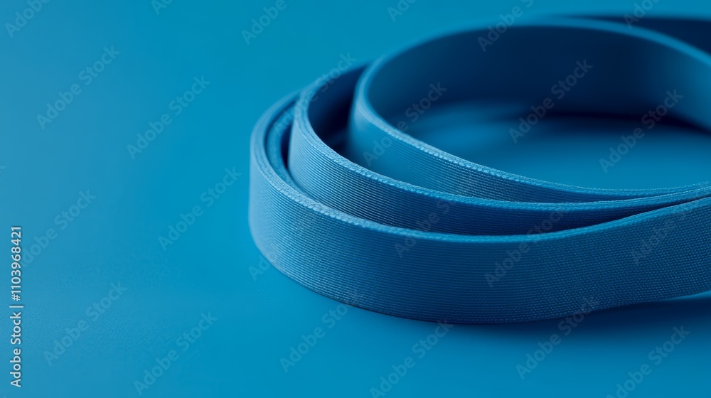 Poster close up of a blue elastic fitness band coiled on a matching blue background, creating a minimalist 