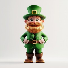 A cheerful cartoon leprechaun in a green outfit with a beard and shamrock accents, standing confidently against a simple background.isolate on white background