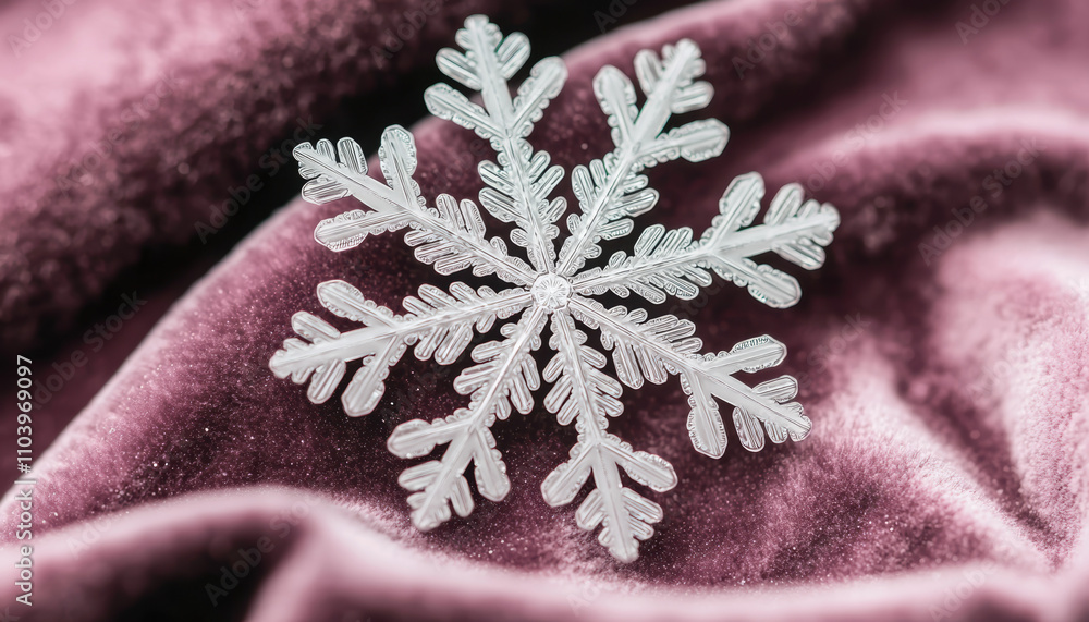 Poster a delicate snowflake rests on soft, pink velvet fabric, showcasing intricate patterns and textures t