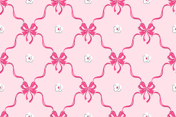 Pink bows, curly ribbons seamless pattern with white daisy flowers