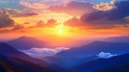 Fototapeta premium Vibrant Sunset Sky Over Mountains: An Epic View of the Sun Dipping Below the Horizon