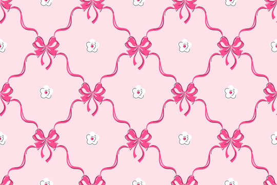 Pink bows, curly ribbons seamless pattern with white daisy flowers