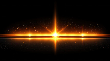 Bright golden light rays with sparkling effects on dark background create stunning visual. This vector effect showcases radiant glow, perfect for various design projects