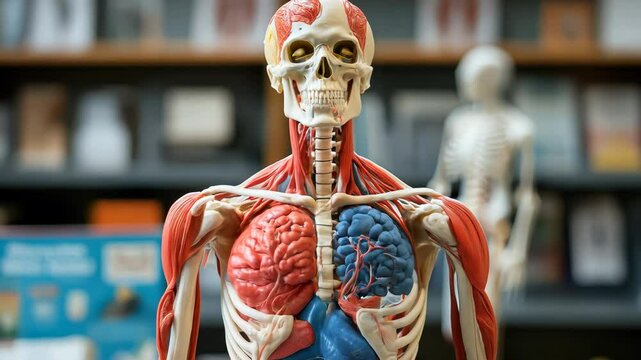 A detailed anatomical model showcasing human organs and muscles for educational purposes.