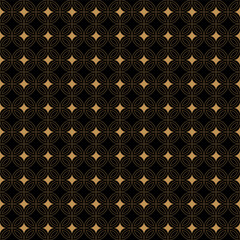 Seamless geometric pattern of gold stars and intersecting circles on black background. Asian traditional geometric texture. Luxury design for textile, clothing, fabric decor, wallpaper
