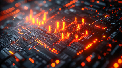 Obraz premium A high-tech digital interface displaying illuminated red data charts and analytics