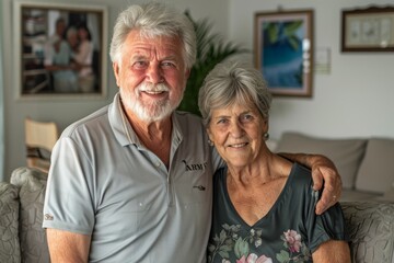 Portrait of a glad couple in their 70s wearing a breathable golf polo in crisp minimalistic living room