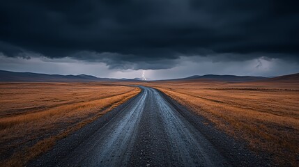 Fototapeta premium A winding dirt road leads through a vast landscape under dark, stormy skies with lightning.