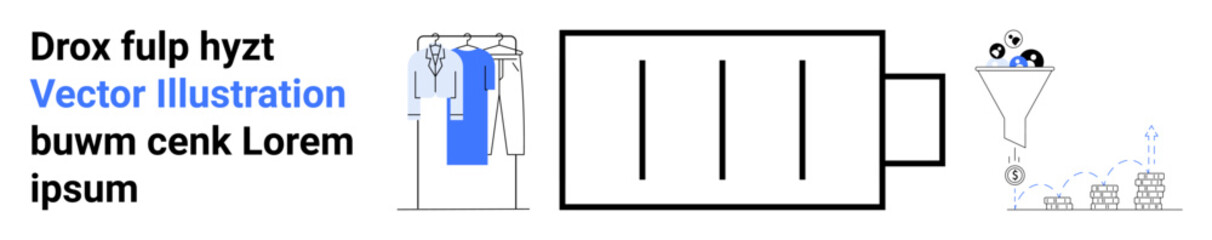 Graphic shows data transfer from clothing to funnel, filtering down to figures analyzing results. Ideal for business, workflow management, data processing, optimization, e-commerce, automation, user