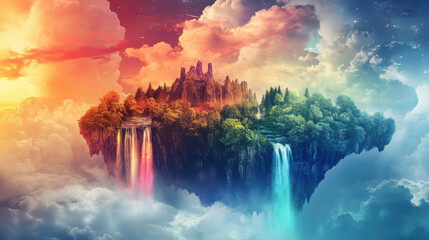 Enchanted Floating Island with Lush Greenery and Serenity Waterfall Cascading into Vibrant Clouds Amidst a Dreamlike Atmospheric Sky