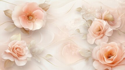 Fototapeta premium Delicate Pink Roses with Gold Leaves: Romantic Floral Art Print